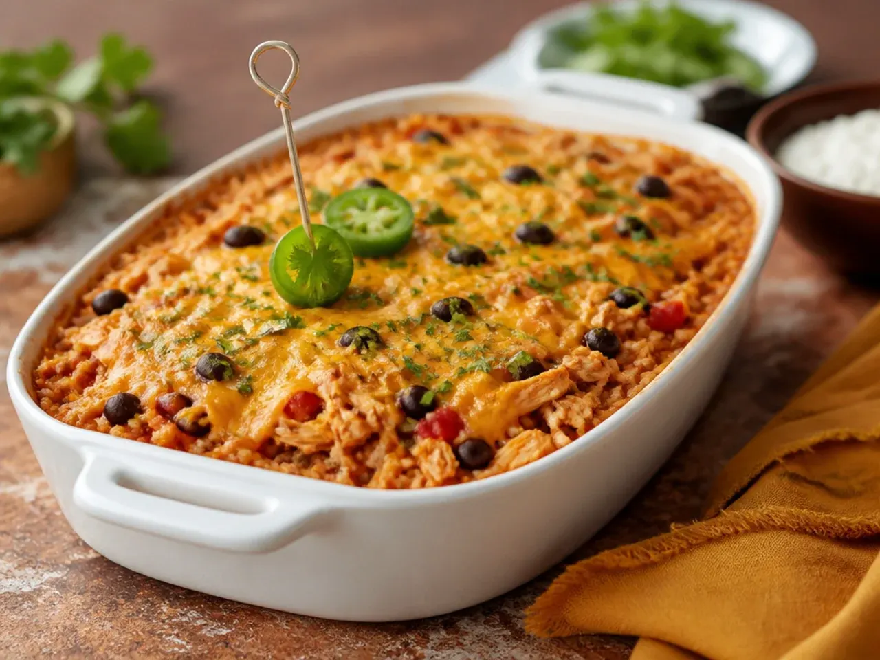 Fully homemade chicken enchilada rice casserole with scratch-made sauce and stock-cooked rice