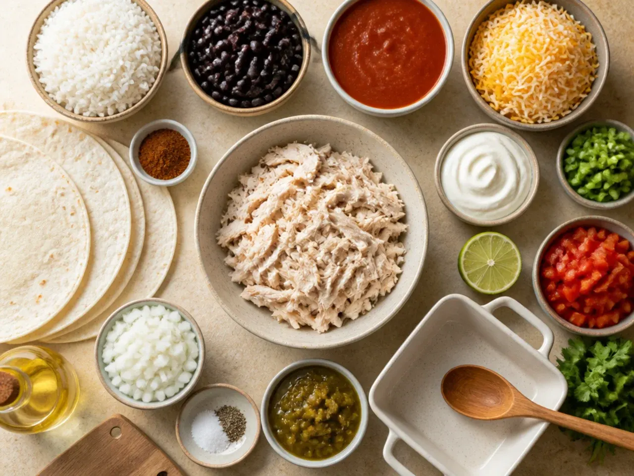 Close-up of hands shredding cooked chicken for enchilada rice casserole