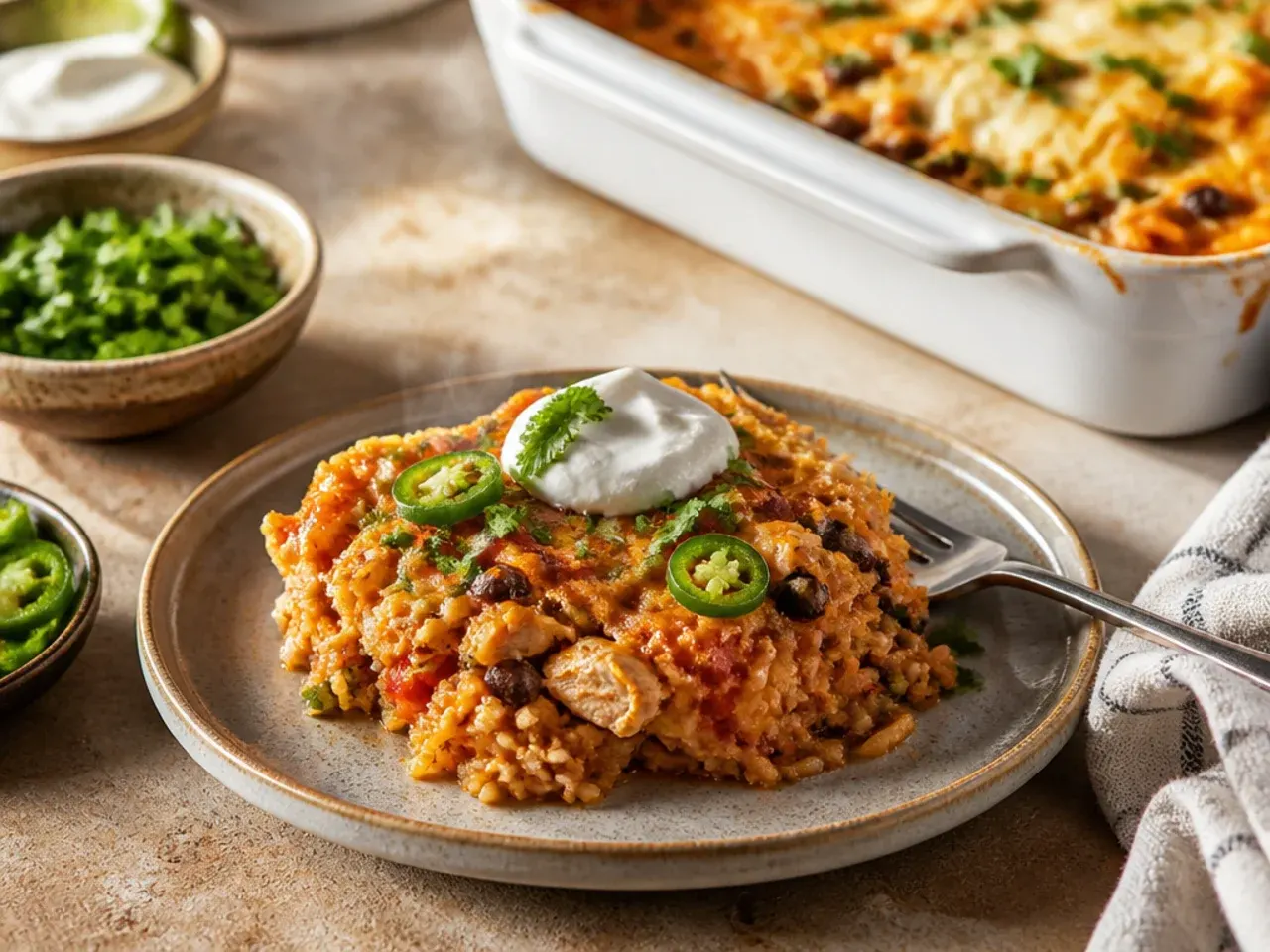 Plated chicken enchilada rice casserole served with a side salad and lime wedges
