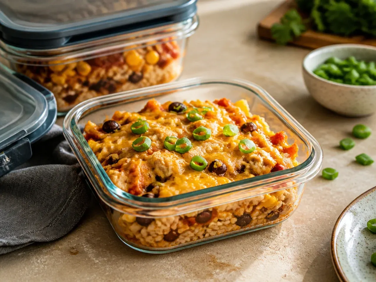 Chicken enchilada rice casserole leftovers stored in an airtight container