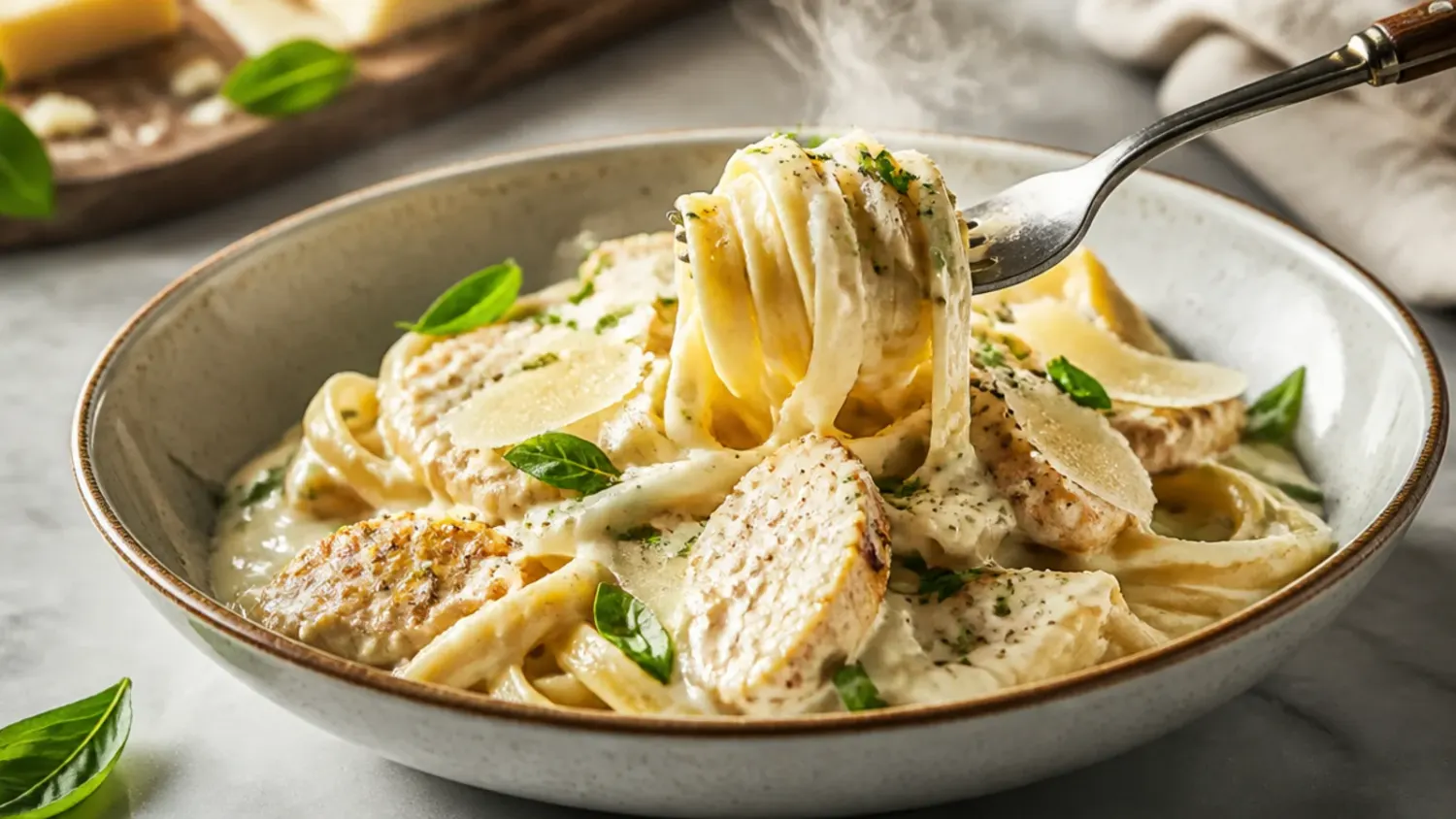 Overhead shot of creamy chicken fettuccine alfredo in a skillet, topped with sliced chicken breast, grated Parmesan, and chopped parsley