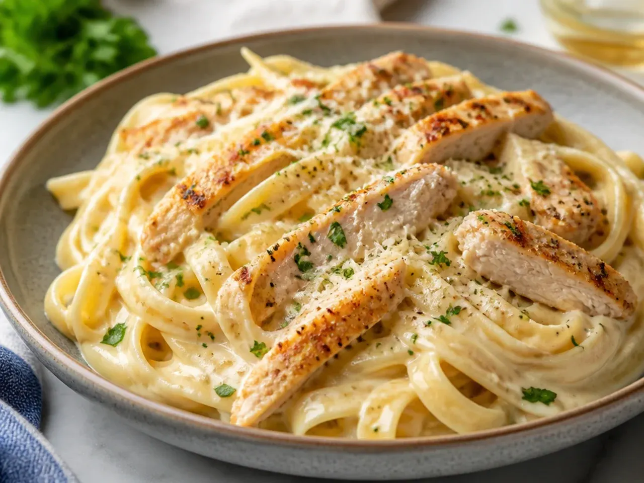 Bowl of chicken fettuccine alfredo with Parmesan shavings and cracked black pepper on a wooden table