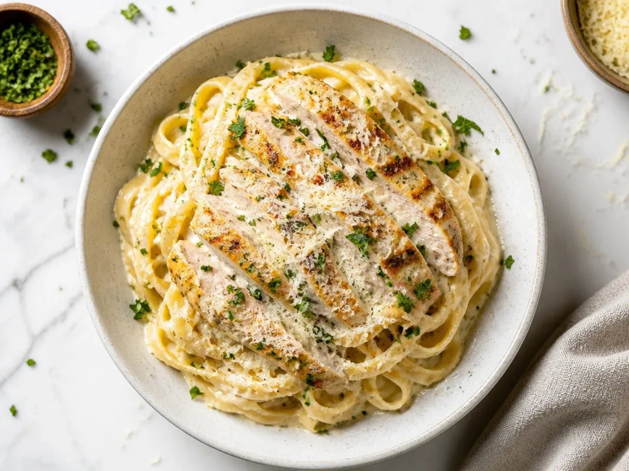 Classic chicken fettuccine alfredo in a skillet with sliced chicken breast fanned over the pasta