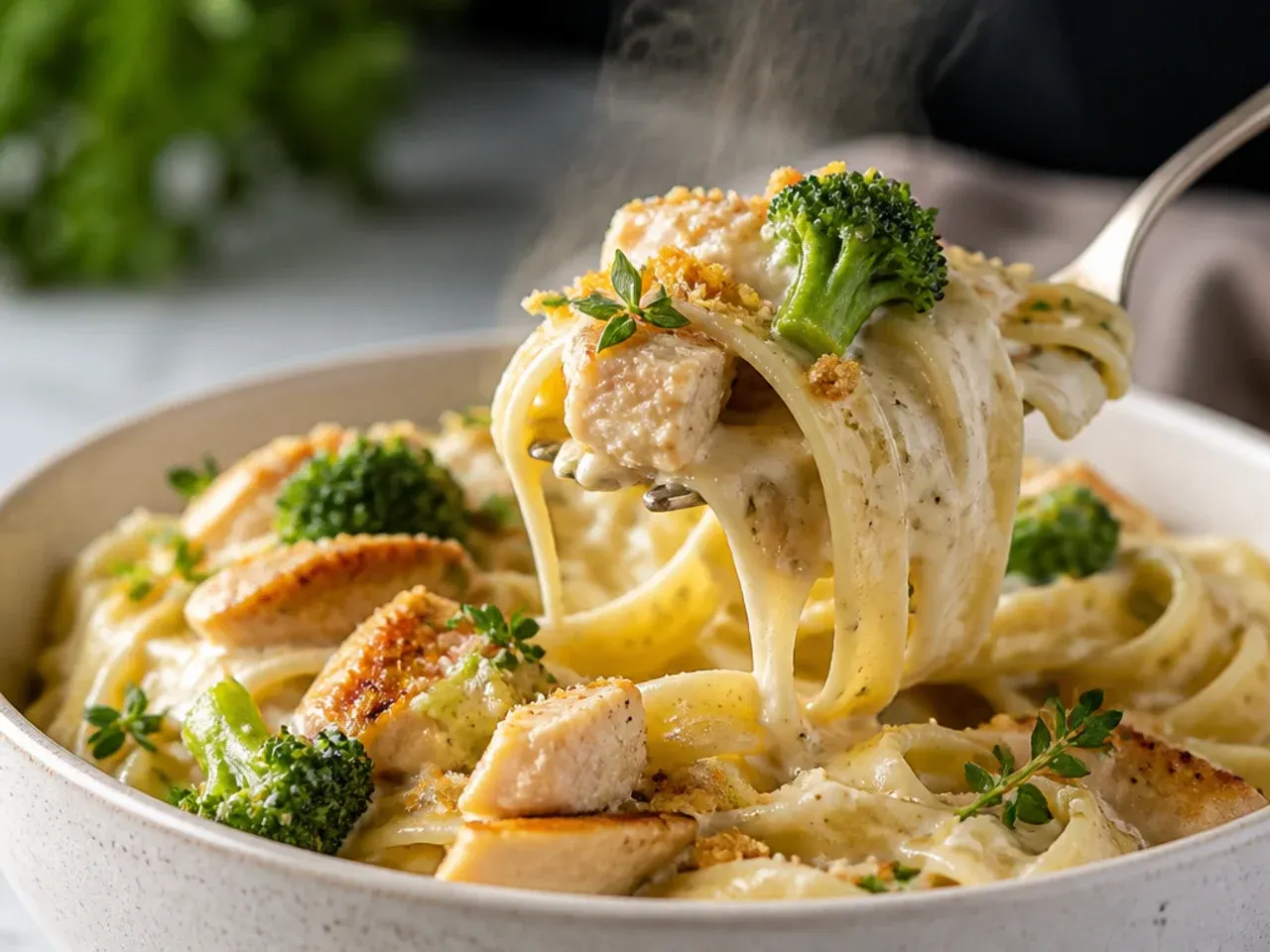Chicken and broccoli fettuccine alfredo in a large serving bowl