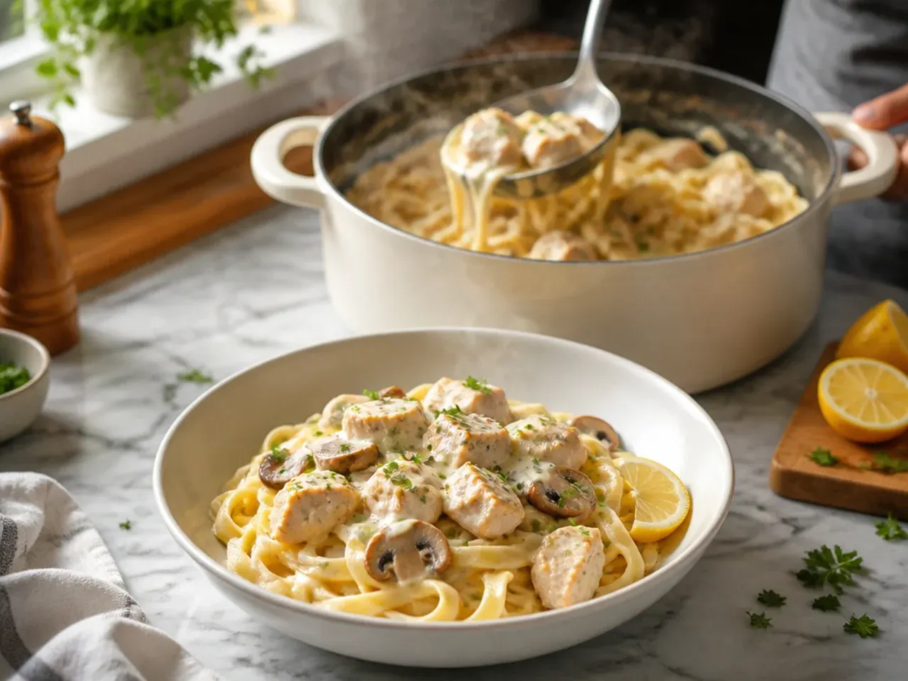 Chicken and mushroom fettuccine alfredo garnished with fresh thyme