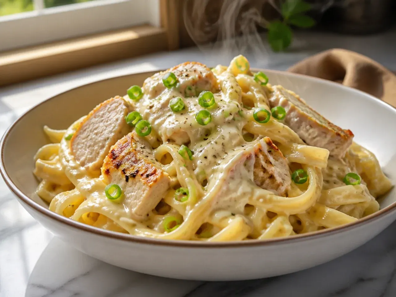 Close-up of extra creamy chicken alfredo sauce coating fettuccine noodles