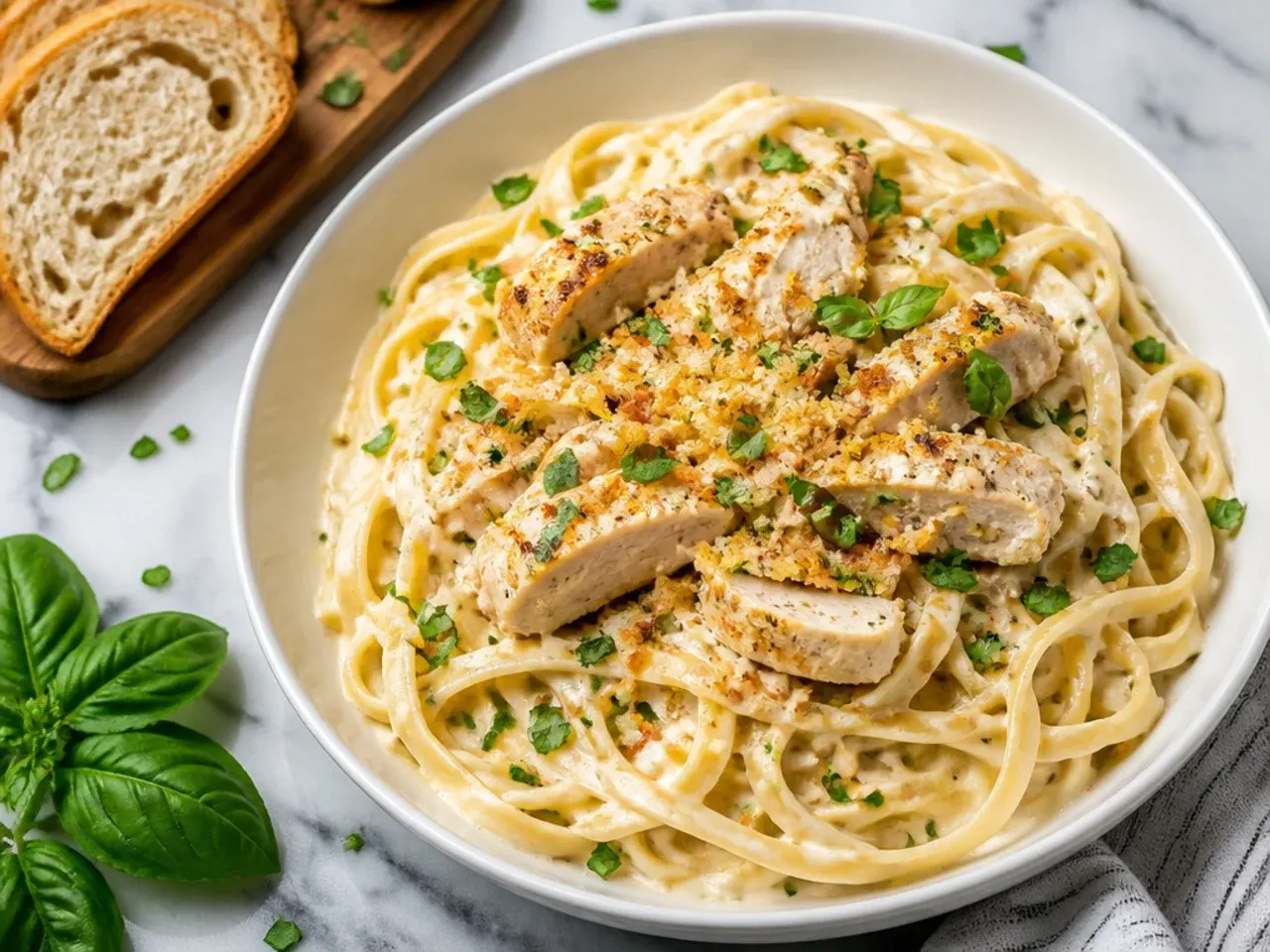 Simple five-ingredient chicken alfredo plated for a family dinner