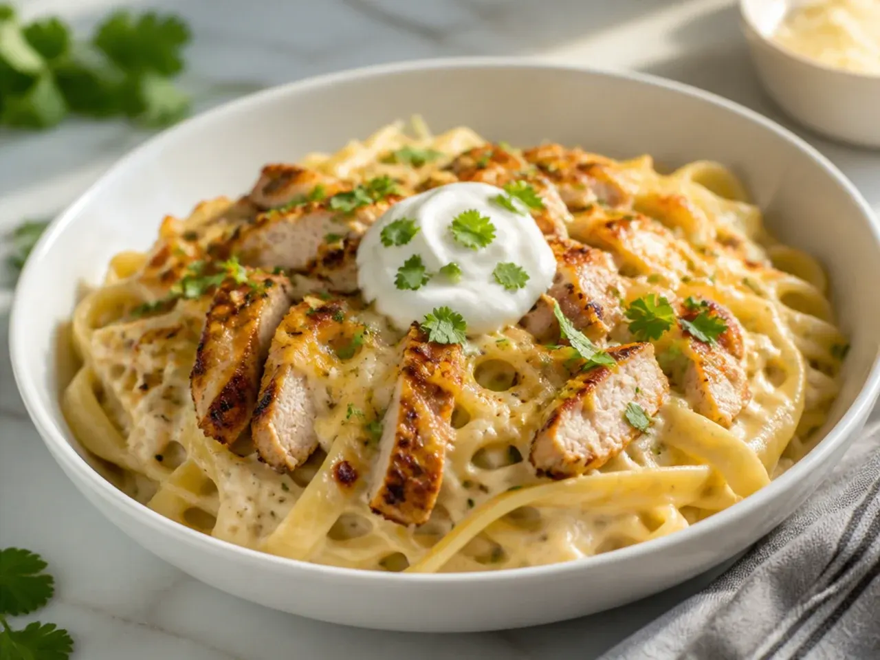 Bubbling three-cheese baked chicken alfredo fresh out of the oven