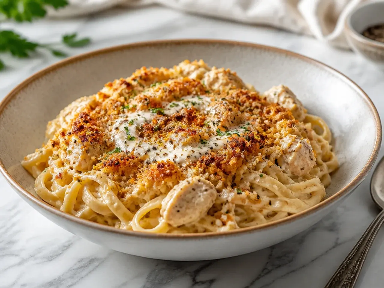 Chicken alfredo bake topped with golden crispy breadcrumbs in a casserole dish
