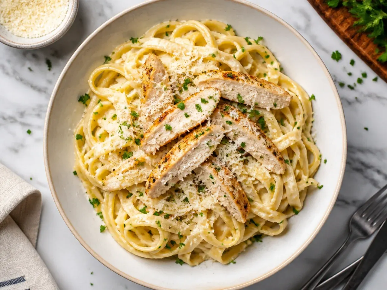 Budget chicken alfredo made with a milk-based sauce in a skillet