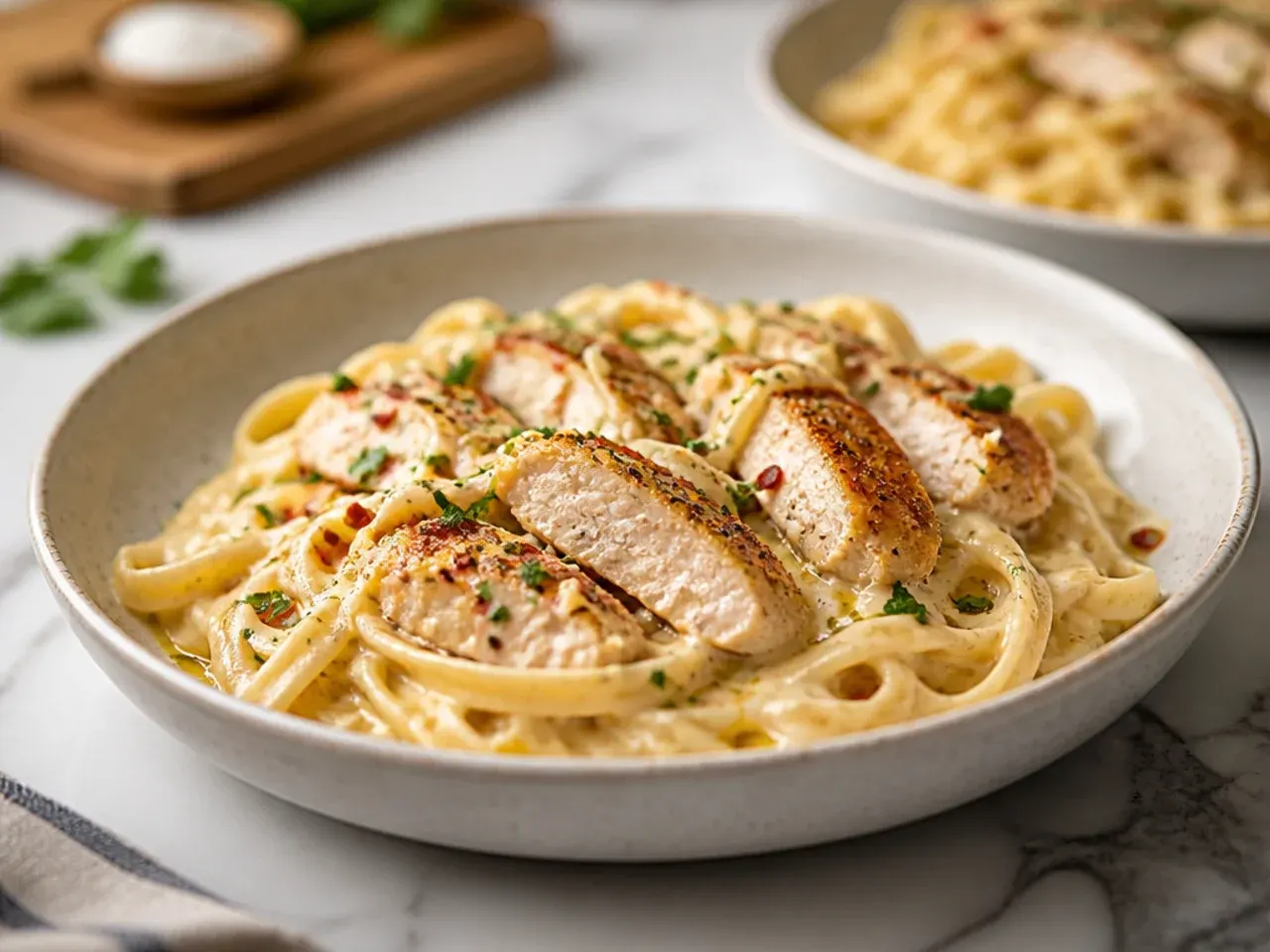 One-pan chicken alfredo cooking on the stovetop in a deep skillet