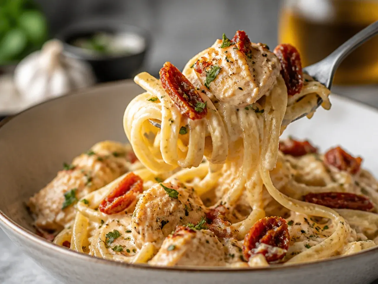 Rustic sun-dried tomato chicken alfredo garnished with torn basil leaves