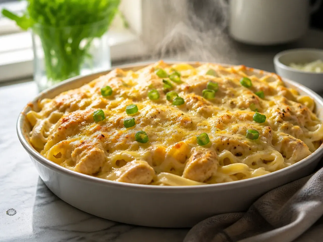 Large family-size chicken alfredo casserole in a 9x13-inch baking dish