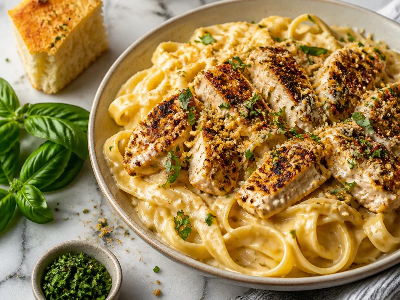 Blackened Cajun chicken sliced over creamy fettuccine alfredo