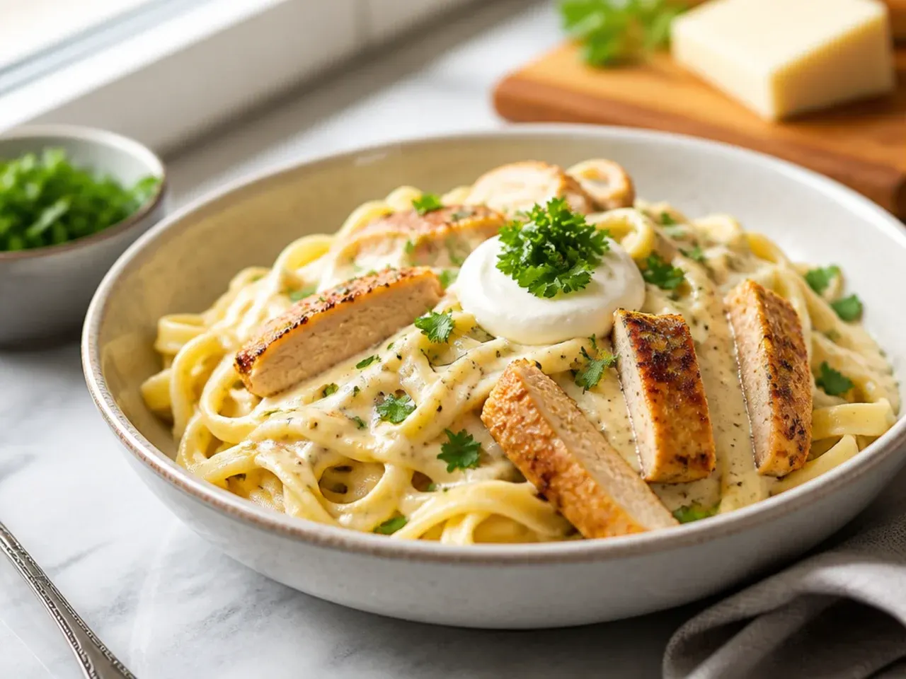 One-pot chicken alfredo simmering in a Dutch oven