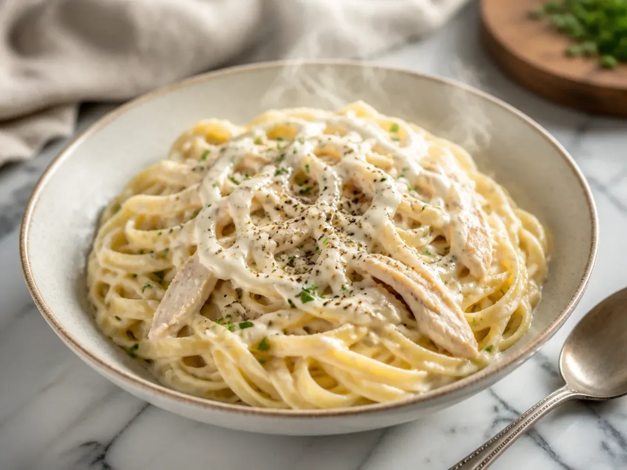 Slow cooker chicken fettuccine alfredo with shredded chicken and creamy sauce