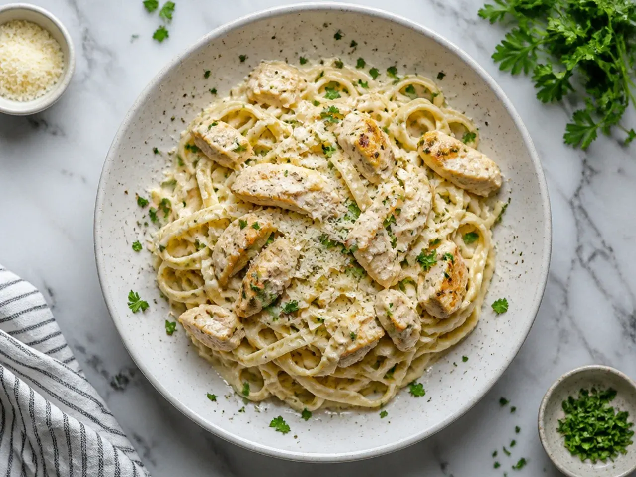 Instant Pot open showing creamy chicken alfredo pasta inside