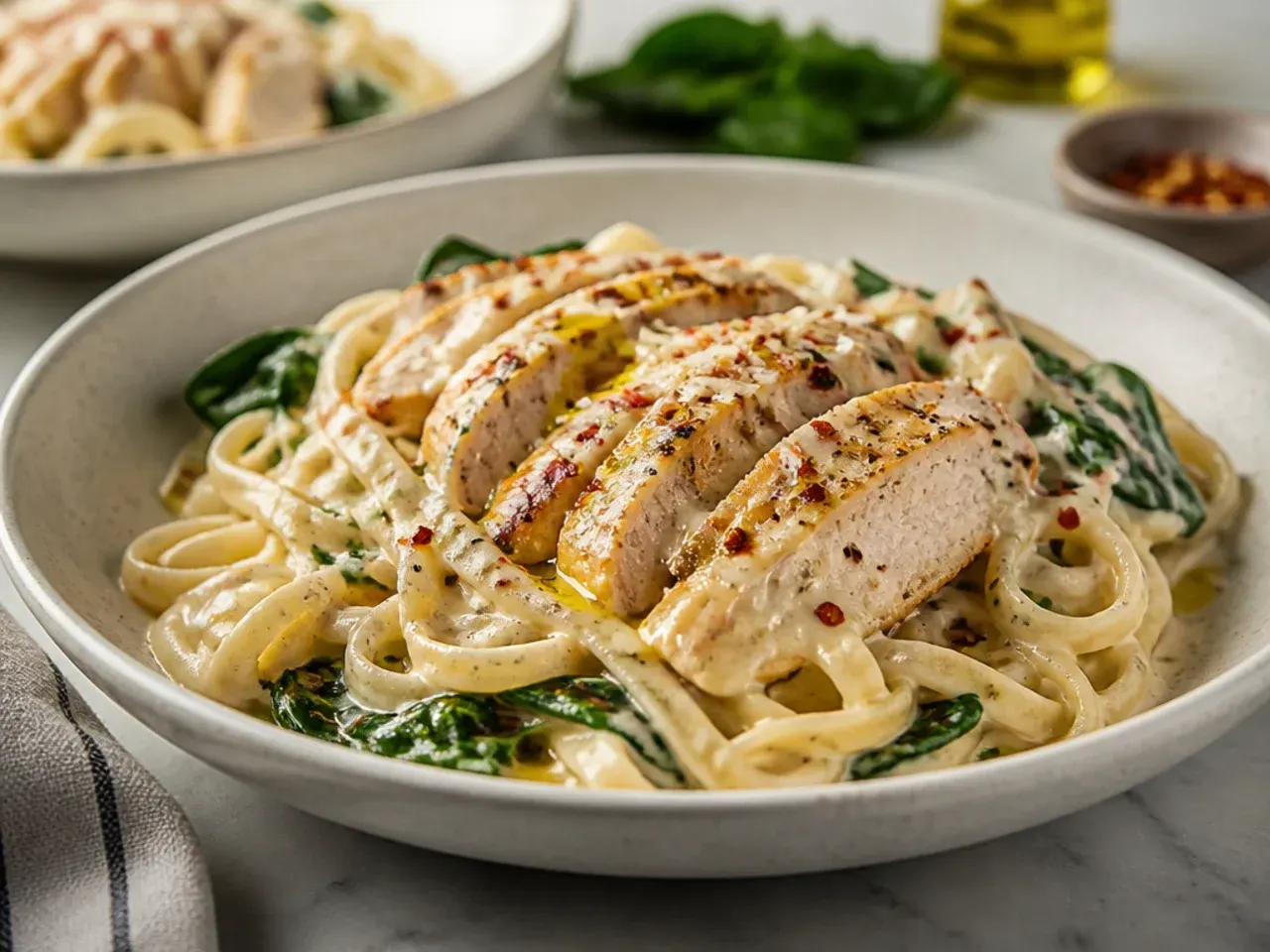 Chicken alfredo with wilted spinach folded through the fettuccine
