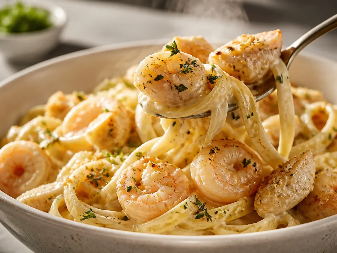 Chicken and shrimp fettuccine alfredo plated with lemon wedges