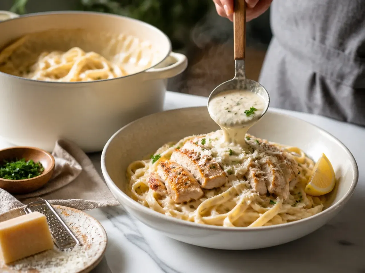 Roasted garlic Parmesan chicken breast sliced over alfredo pasta