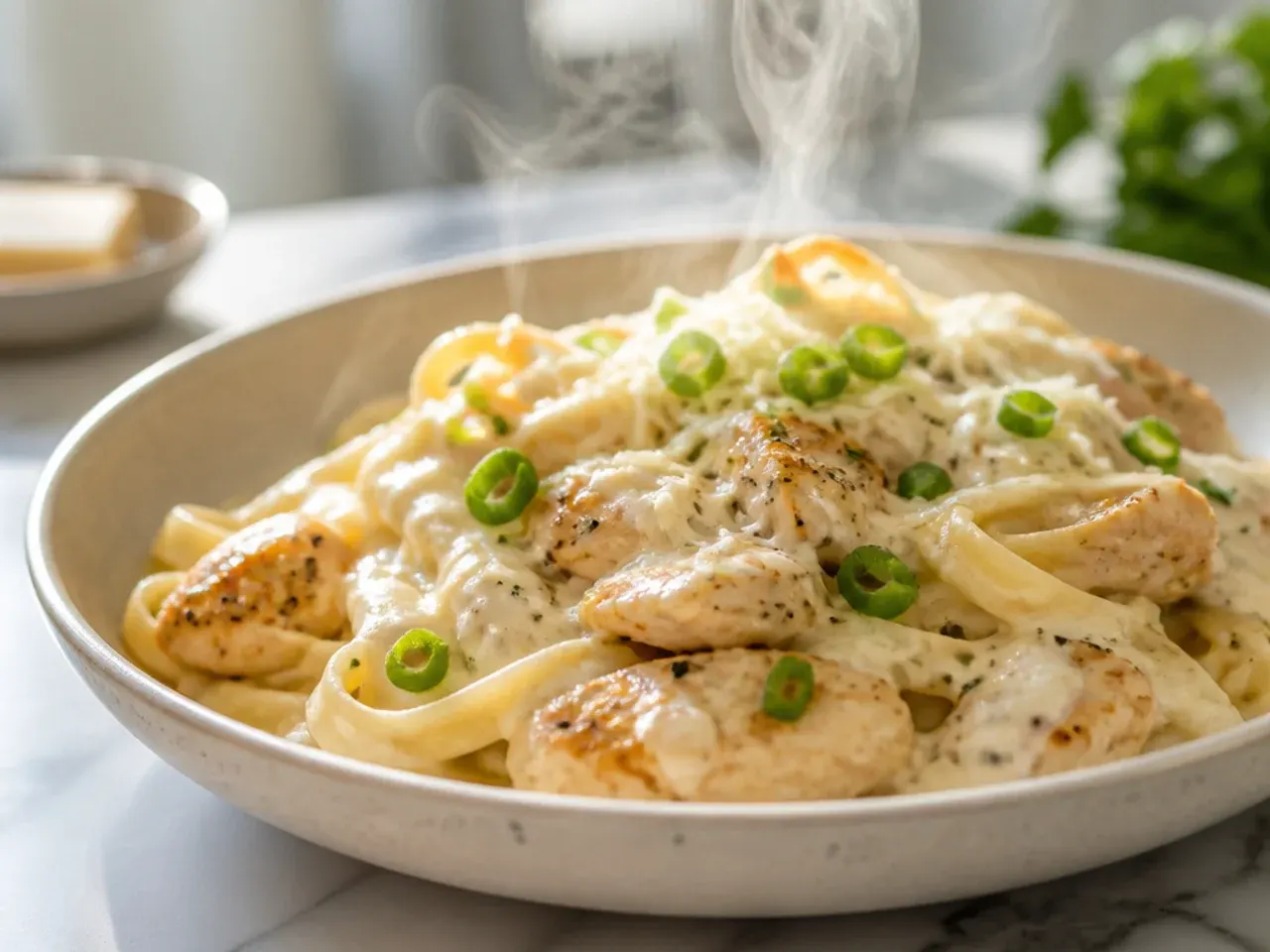 Lightened-up chicken alfredo made with Greek yoghurt sauce