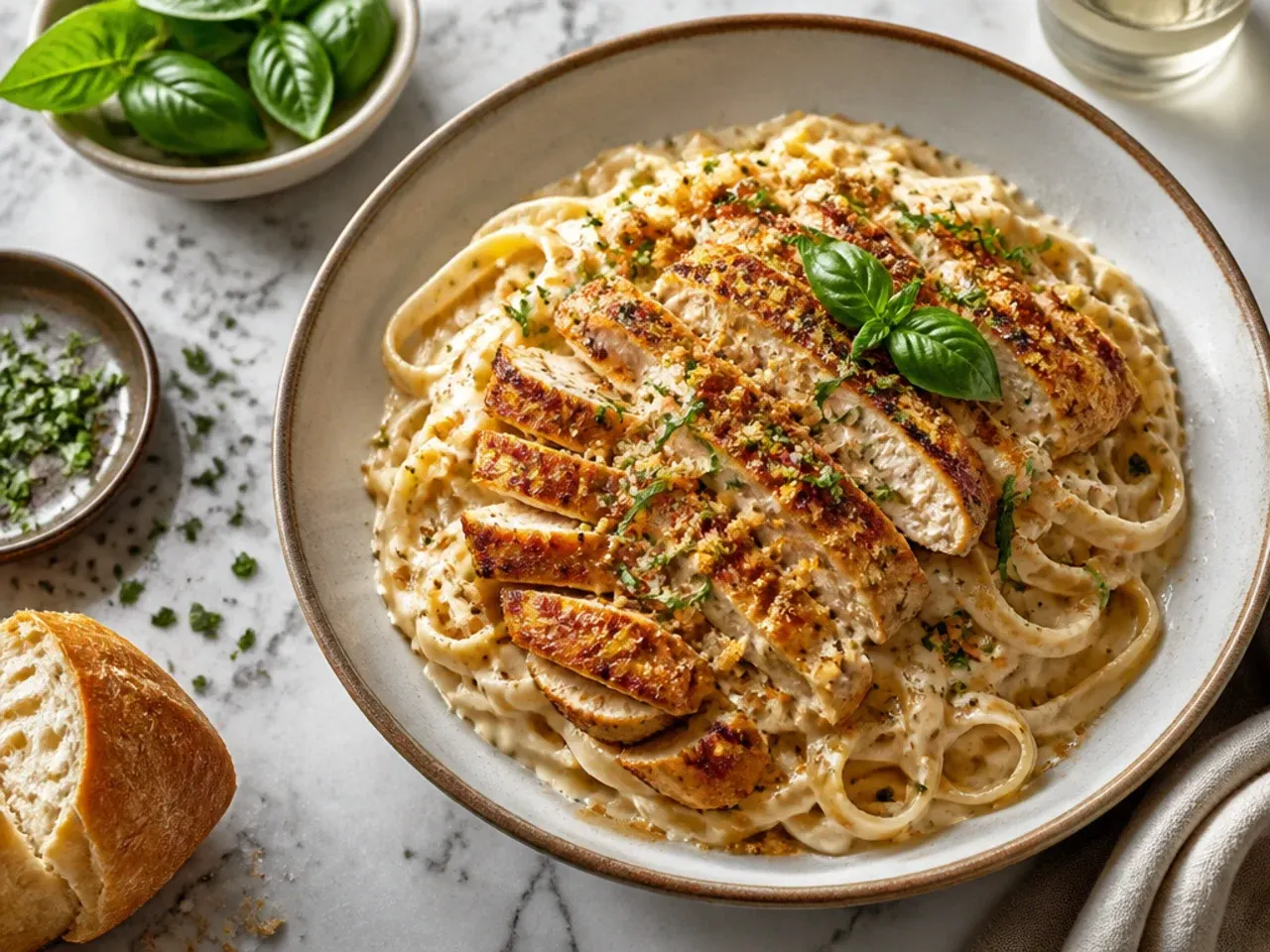 Smoky paprika chicken alfredo with a deep orange-tinted sauce