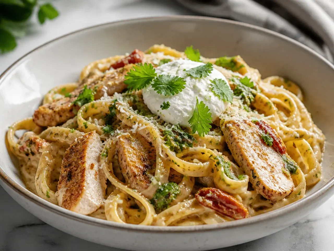 Pesto swirled chicken alfredo with sun-dried tomatoes and fresh basil