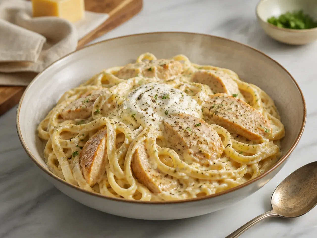 Pantry staple chicken alfredo made with tinned evaporated milk