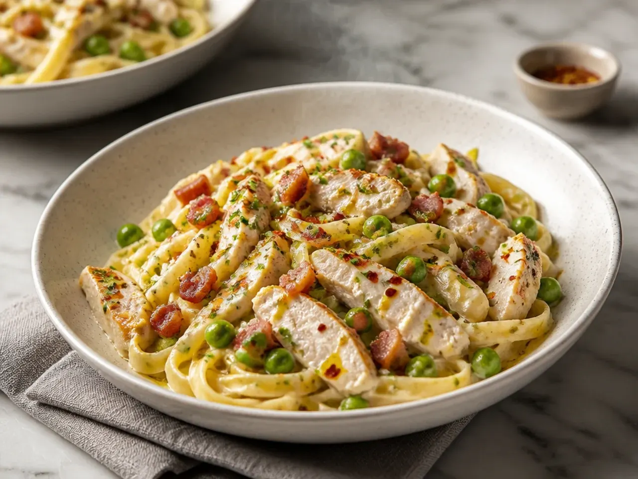 Chicken alfredo with crispy pancetta and green peas scattered on top
