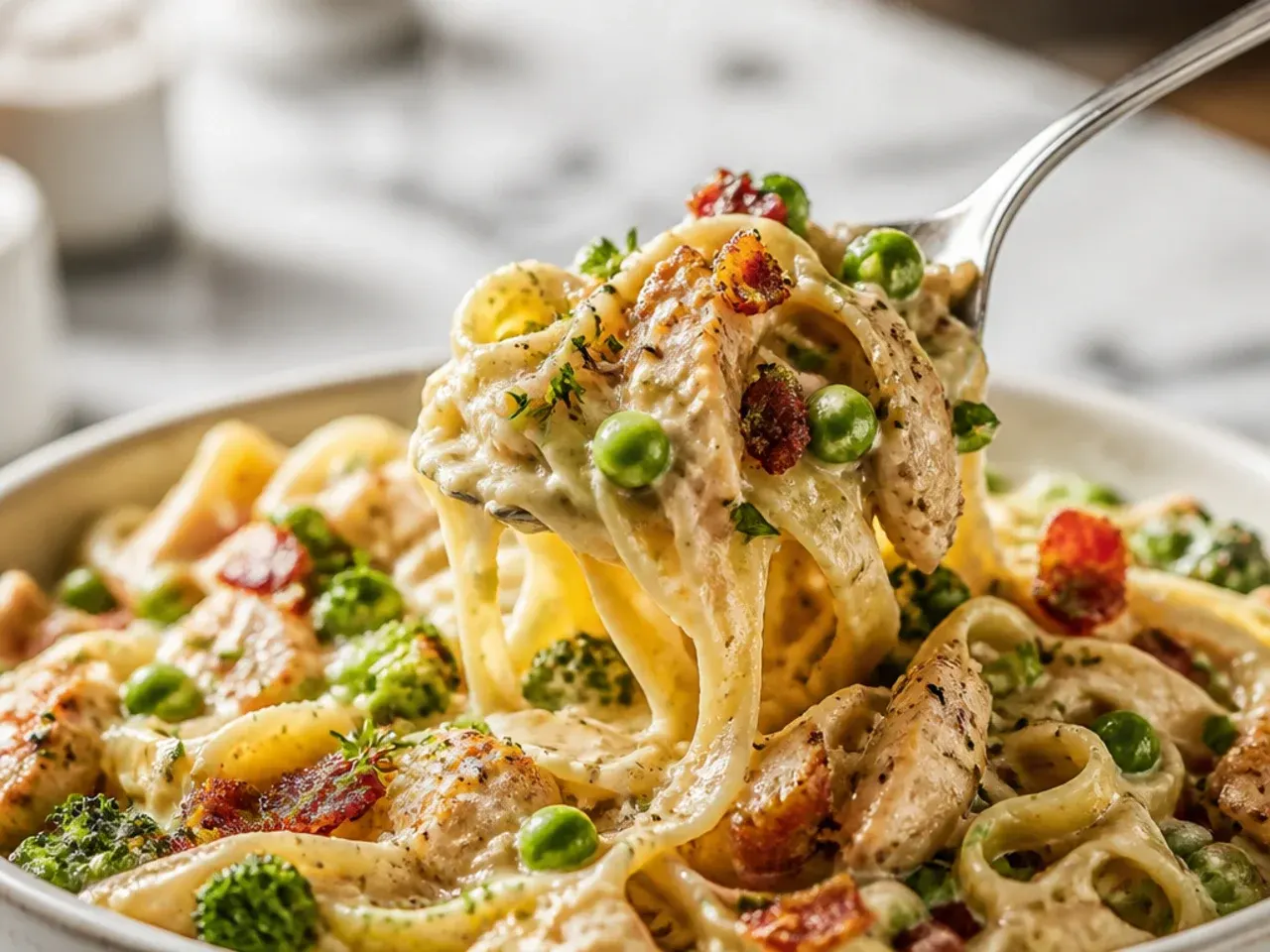 Loaded vegetable chicken alfredo with mushrooms, broccoli, and peppers