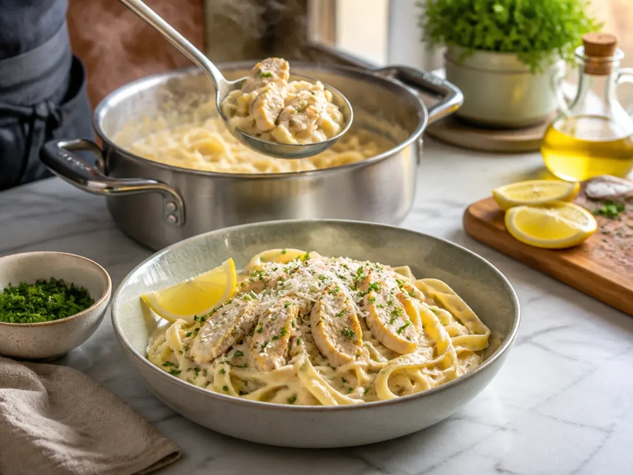 Containers of frozen chicken alfredo sauce ready for the freezer