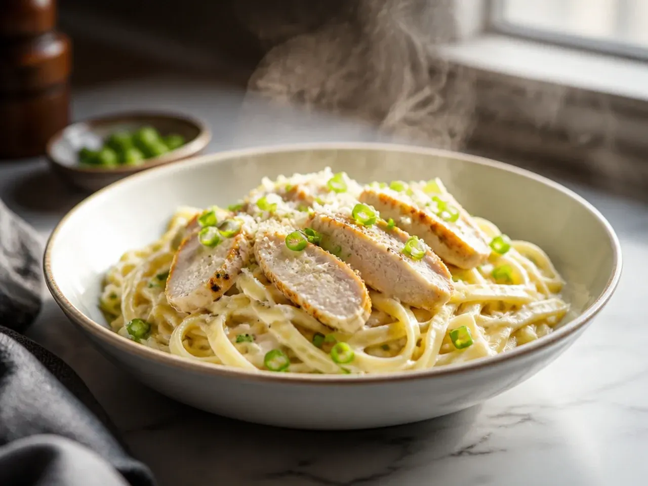 Restaurant-style plated chicken alfredo with pasta twirled into a nest