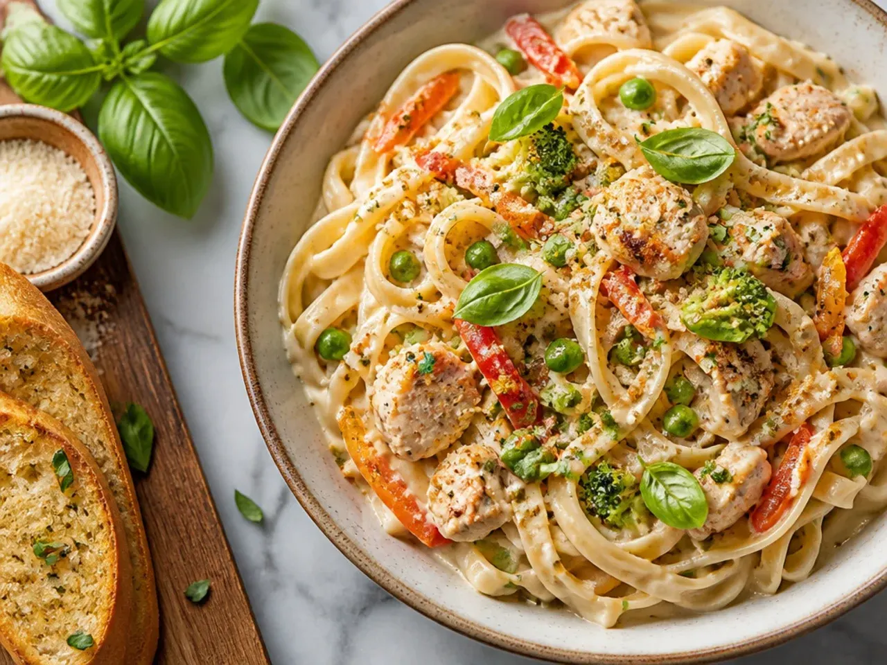 One-pot chicken alfredo primavera with courgette, carrot, and peas