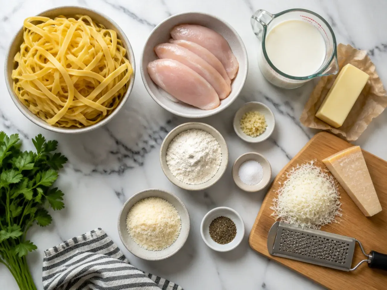 Hands grating fresh Parmesan cheese over a bowl of alfredo sauce