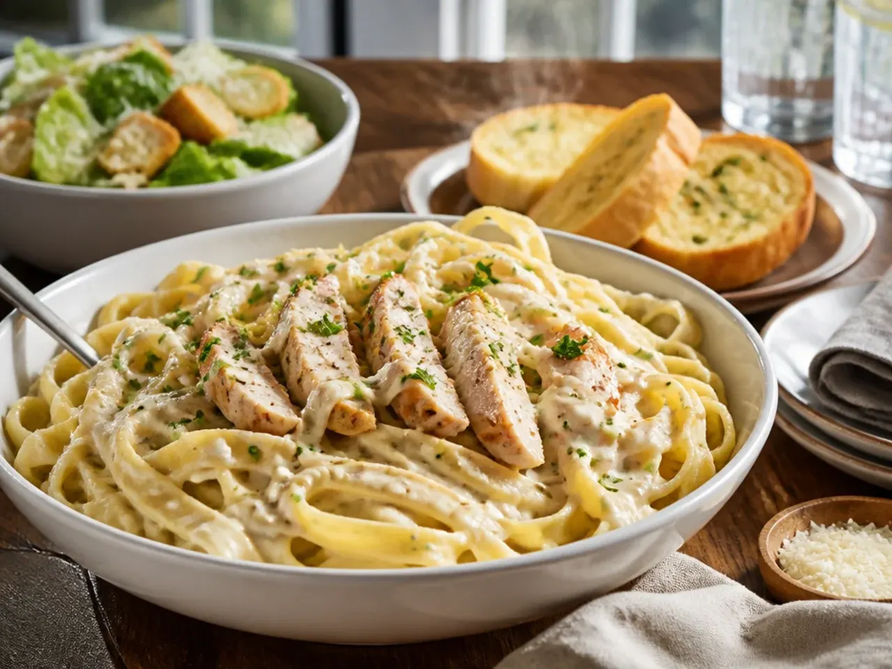 Chicken fettuccine alfredo served with garlic bread and a side salad