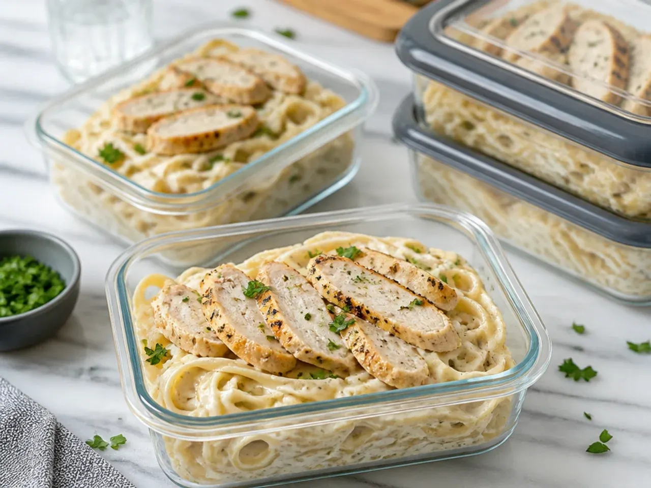 Airtight container of leftover chicken alfredo pasta ready for the fridge