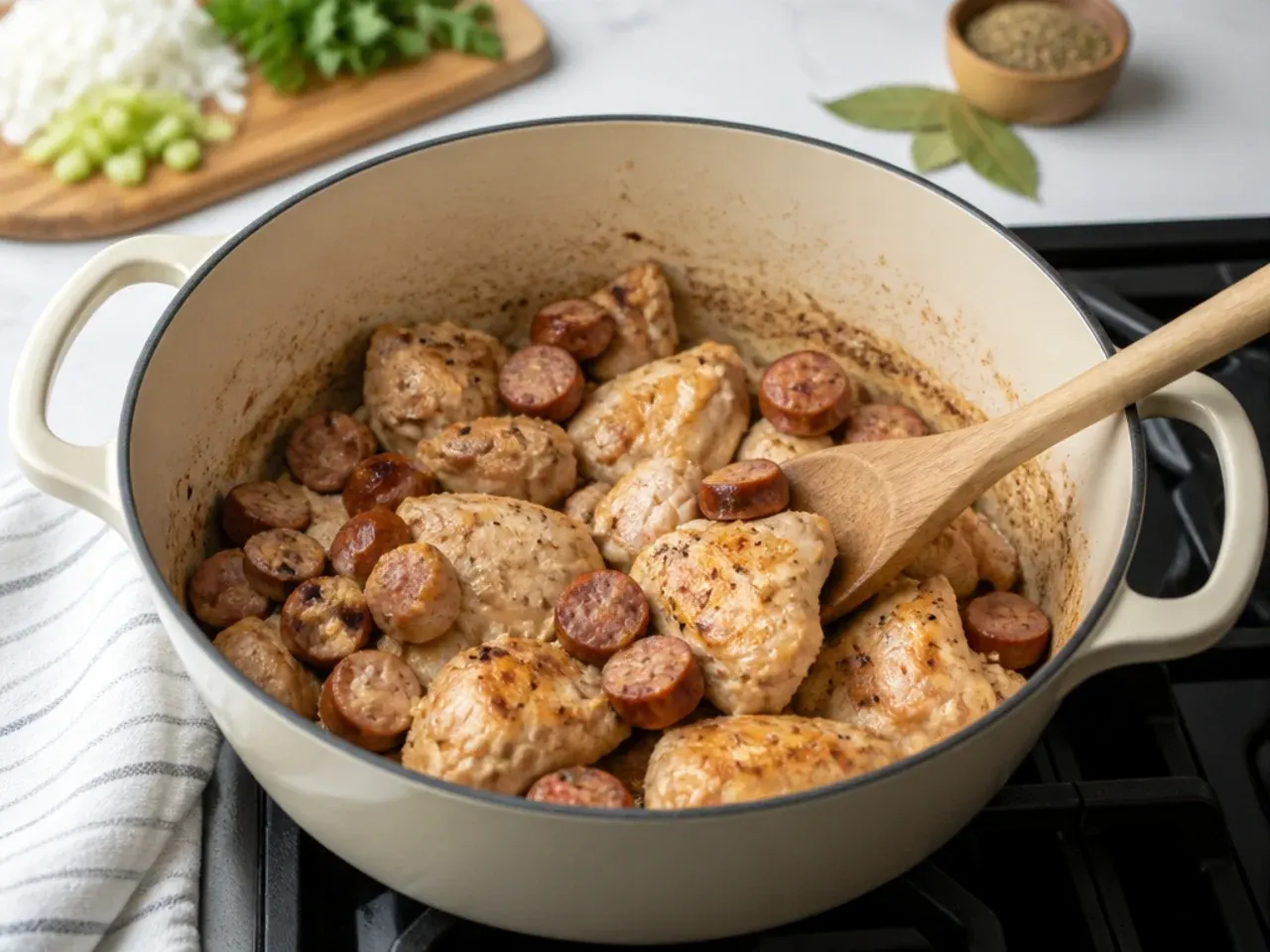 chicken gumbo recipe — step 1: brown the sausage and chicken