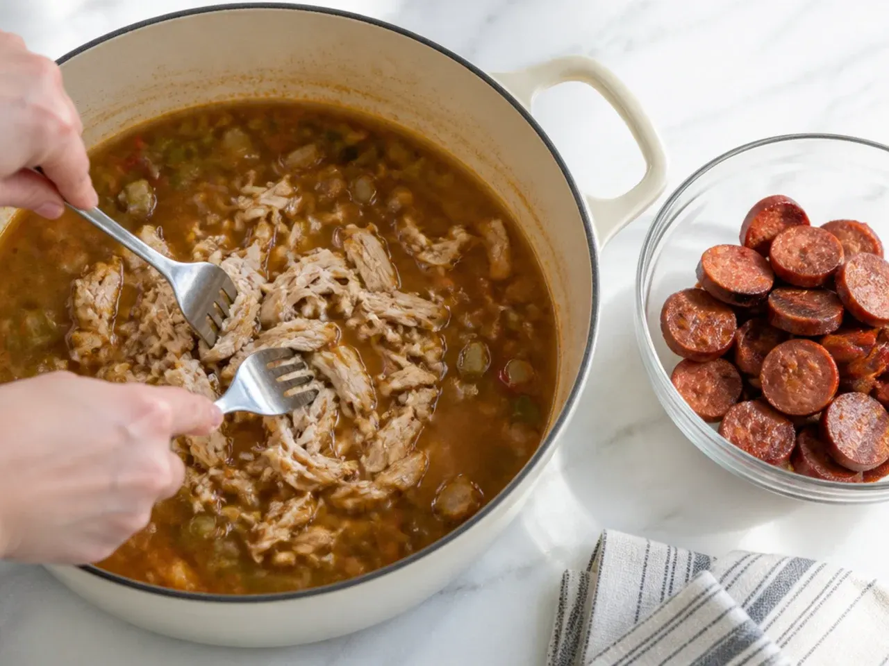 chicken gumbo recipe — step 5: shred the chicken and add sausage