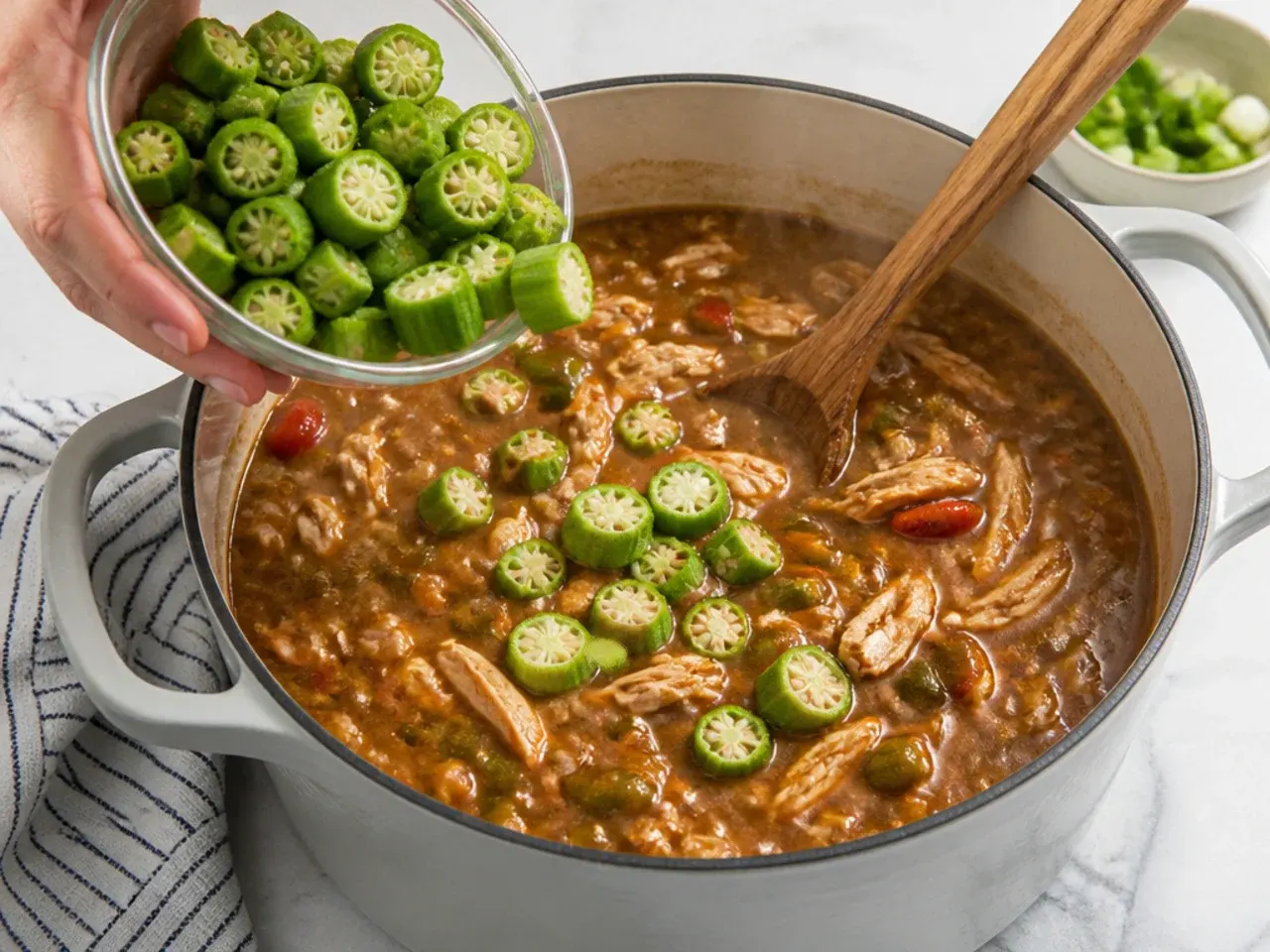 chicken gumbo recipe — step 6: add okra and finish the simmer