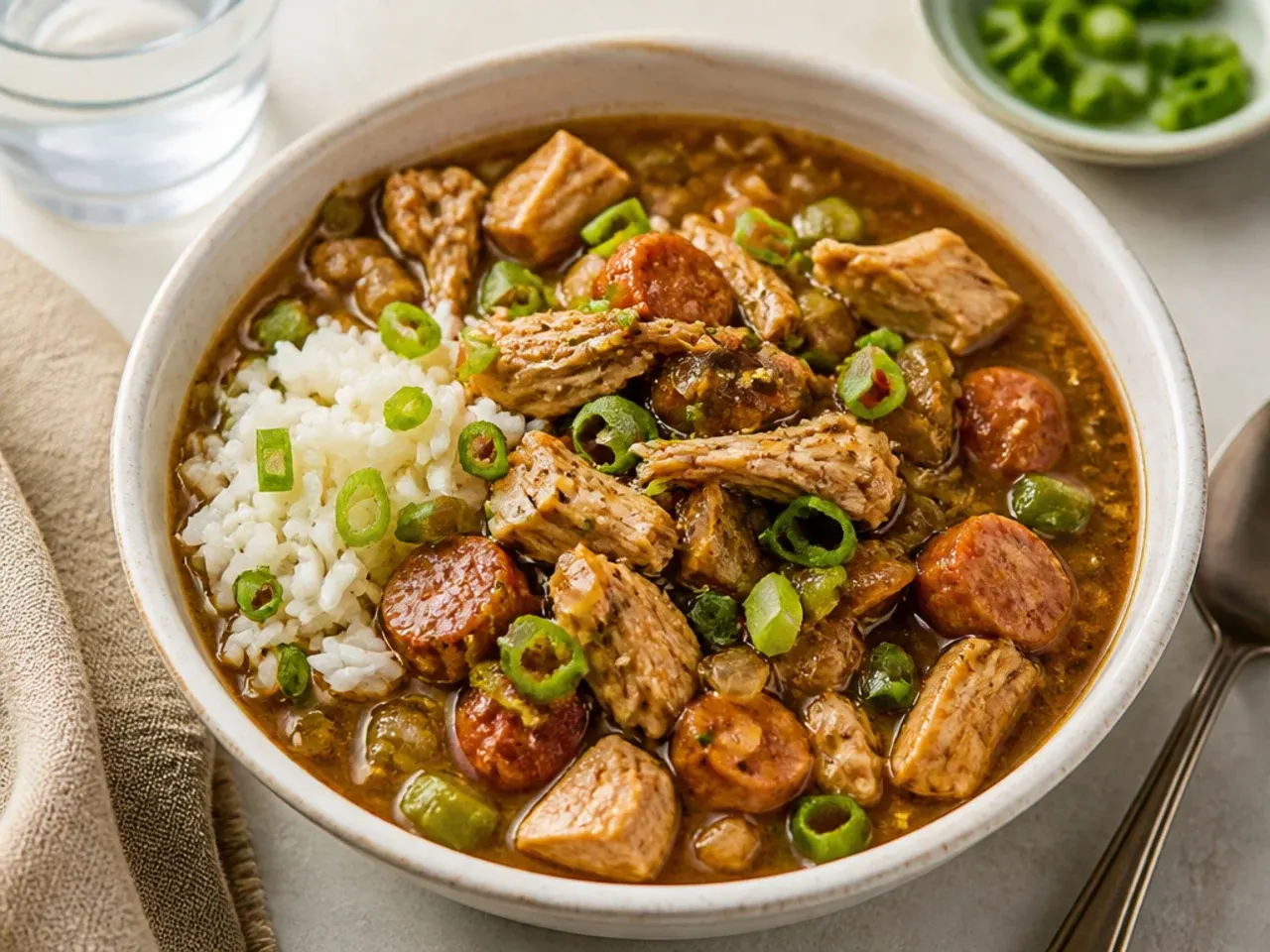 Bowl of homemade chicken gumbo recipe served over white rice with green onions