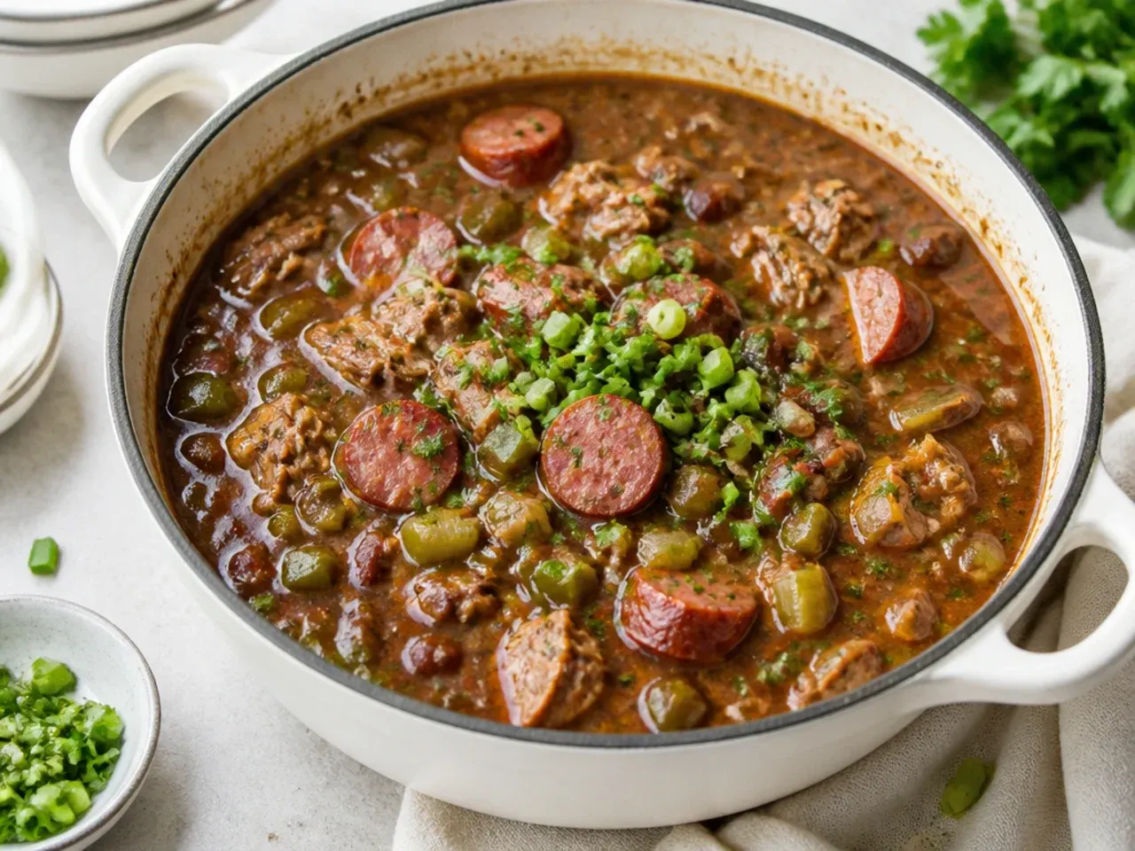 Classic chicken gumbo recipe with andouille sausage and dark roux in a Dutch oven