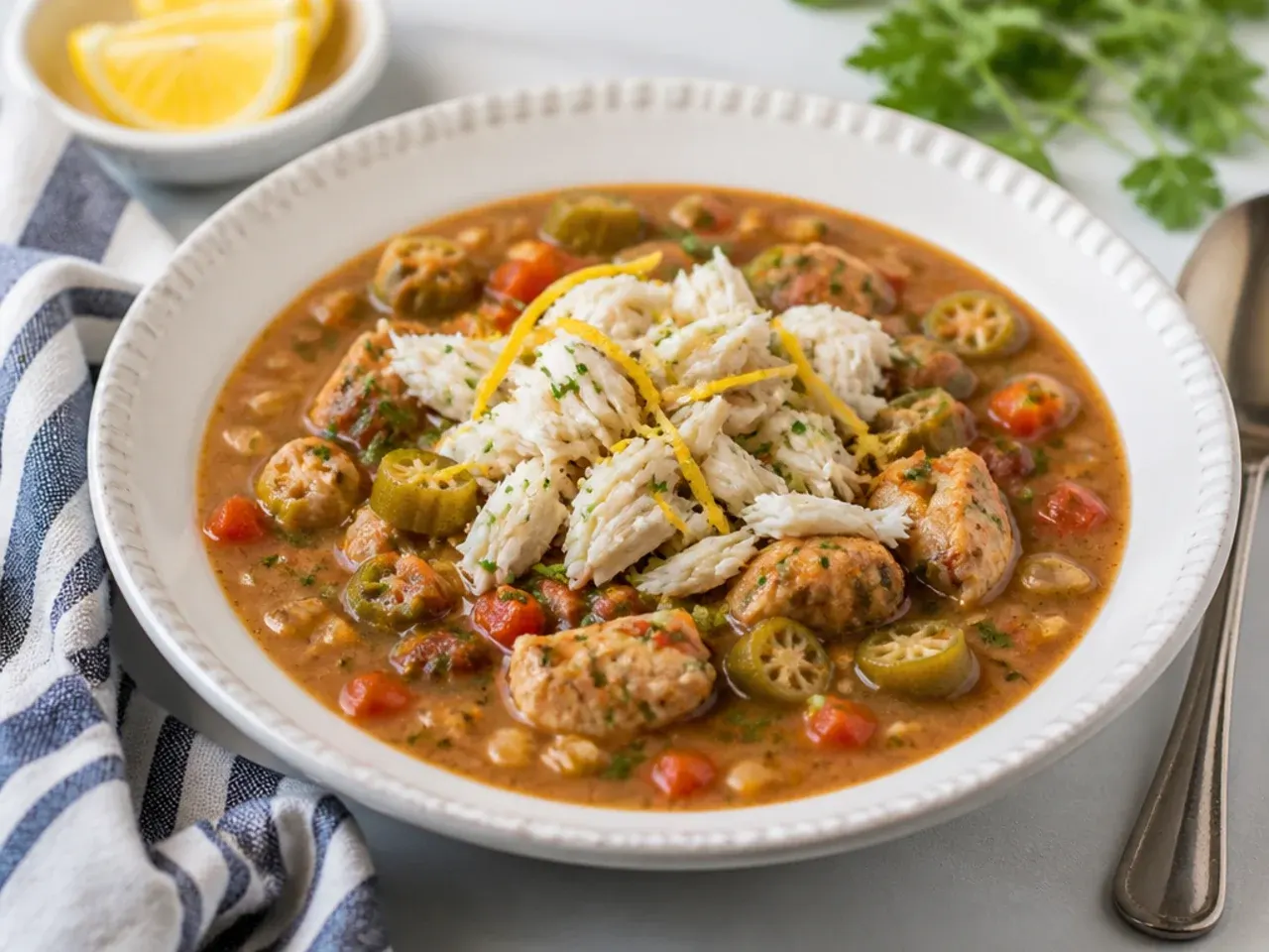 Elegant chicken gumbo recipe topped with lump crab and lemon zest for a dinner party