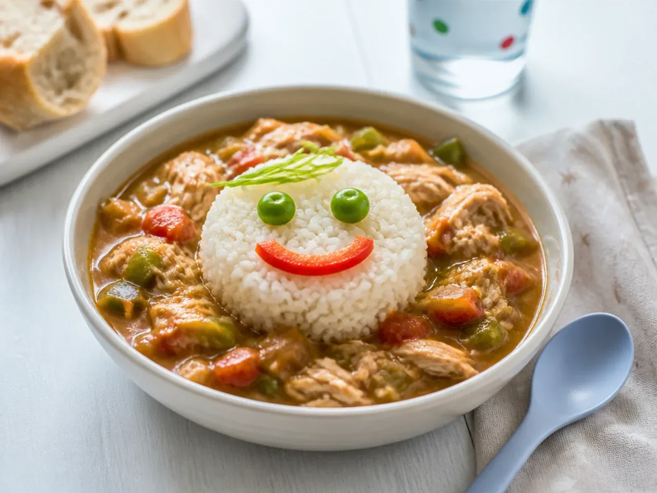 Playful kid-friendly chicken gumbo recipe served in small bowls with rice rounds