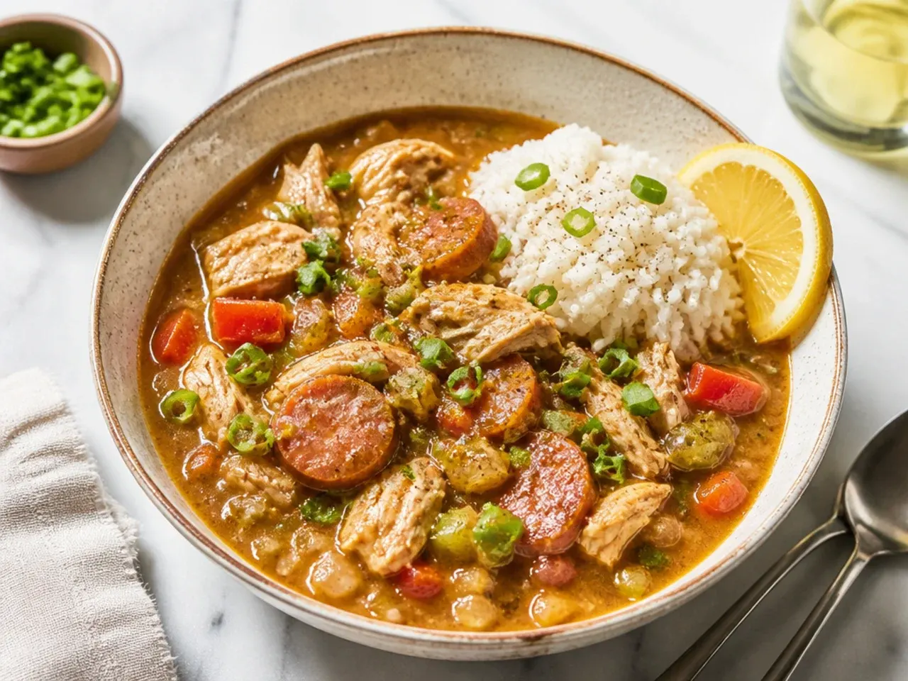 Modern chicken gumbo recipe using sheet-pan roasted chicken and vegetables
