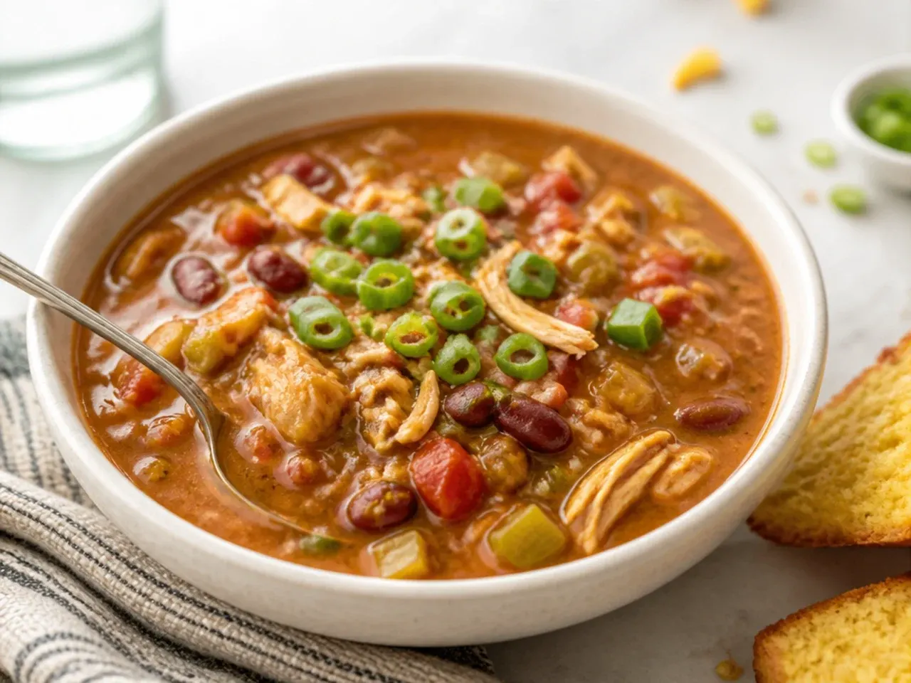 Rustic farmhouse chicken gumbo recipe with red beans and cornbread