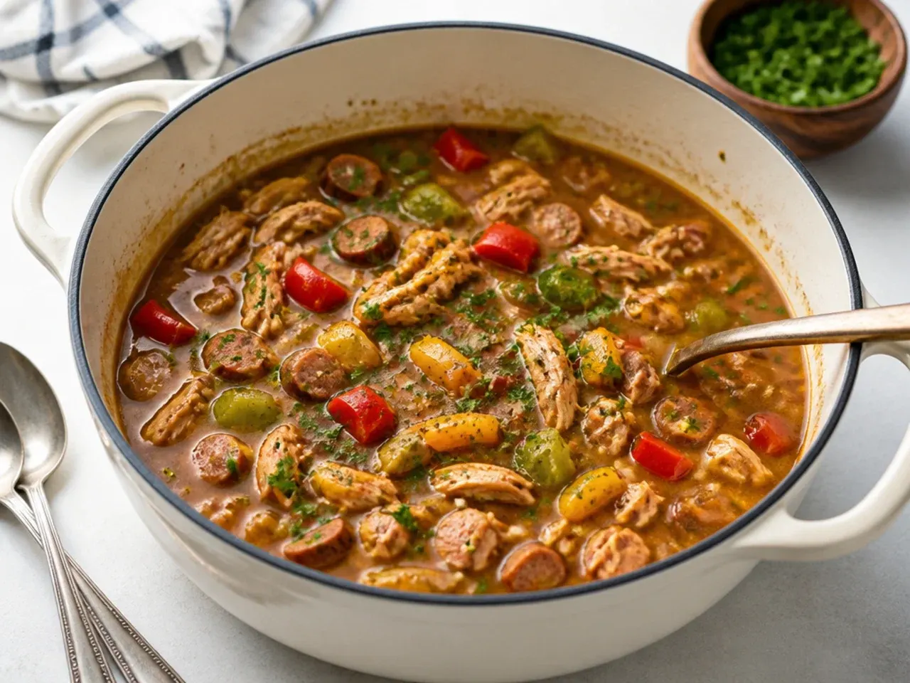 Colorful chicken gumbo recipe with red, yellow, and green bell peppers