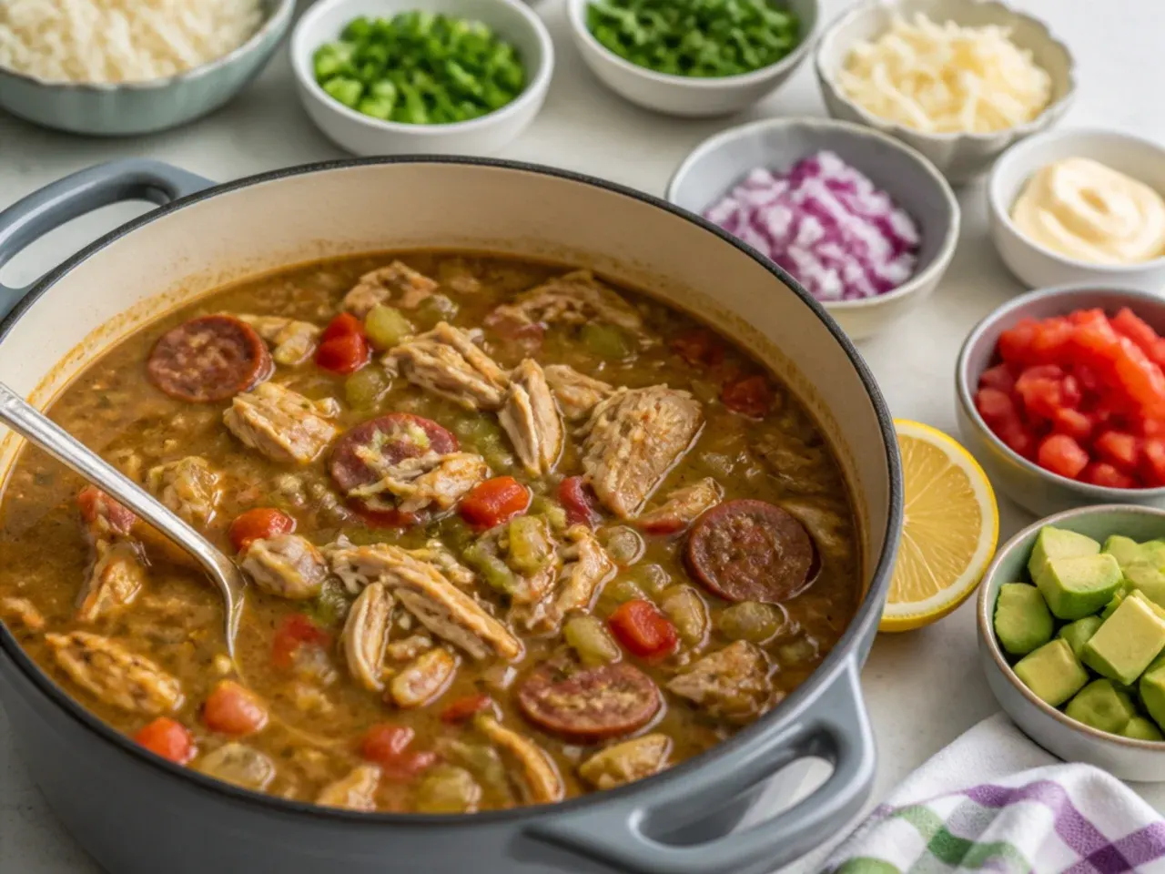 Festive Mardi Gras chicken gumbo recipe in a big pot with a colorful topping bar