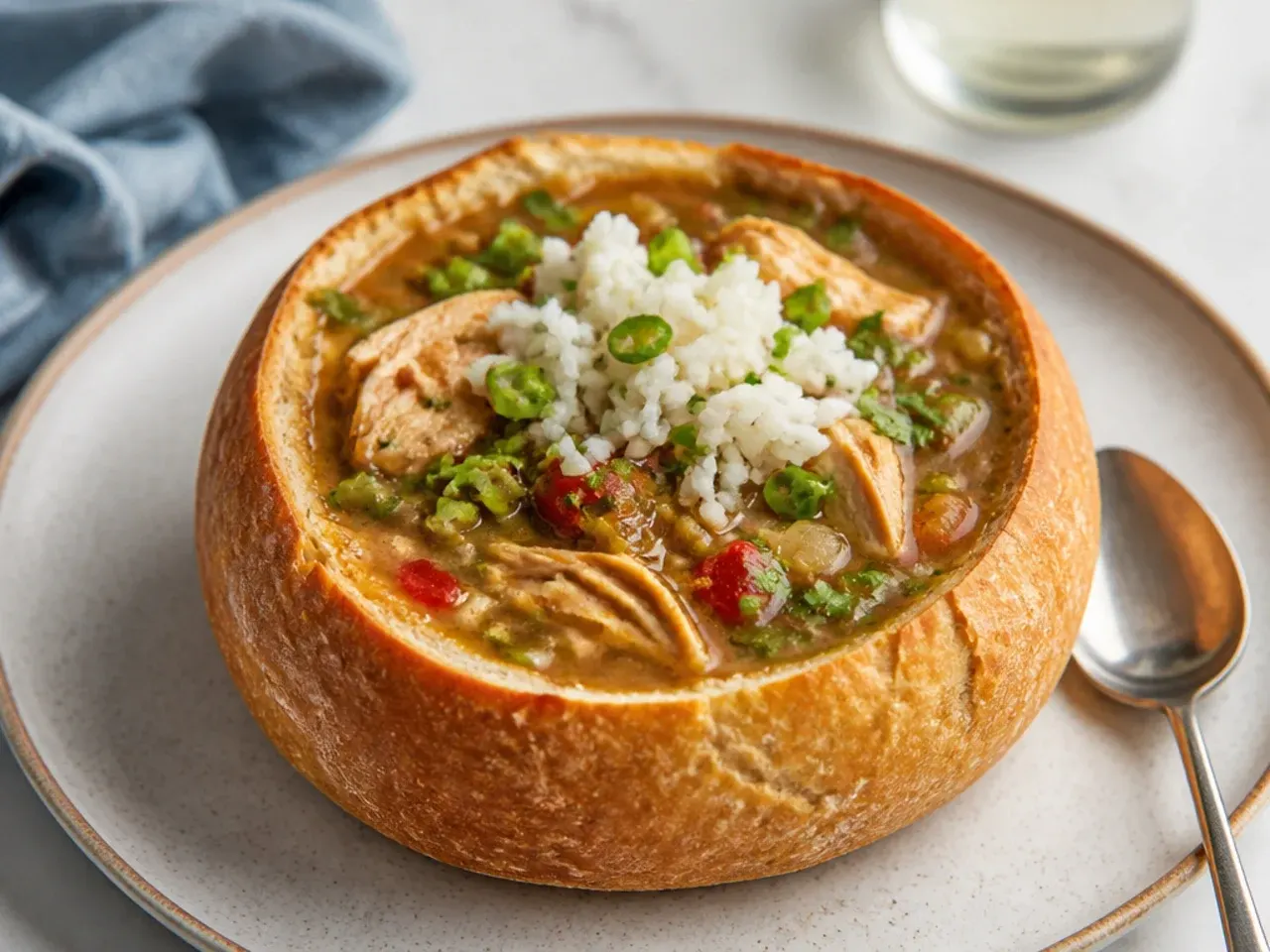 Whimsical chicken gumbo recipe served in a hollowed sourdough bread bowl