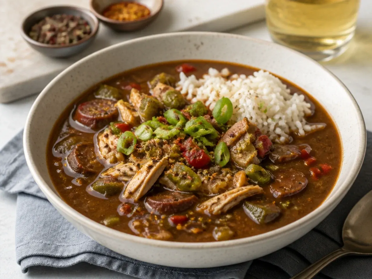 Bold spicy chicken gumbo recipe with an extra-dark roux and three kinds of pepper