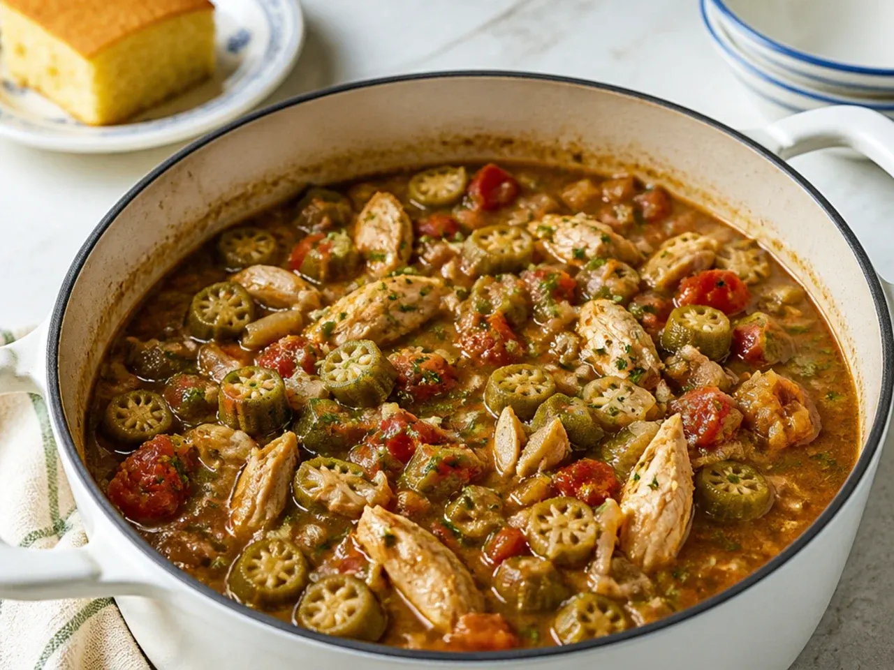 Vintage grandma-style chicken and okra gumbo recipe simmered on the stove
